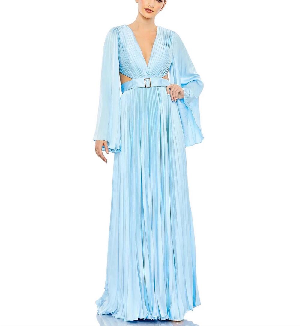 Mac Duggal 26732 Ice Blue Evening Gown Satin Backless Long Sleeve Dress Size 8
